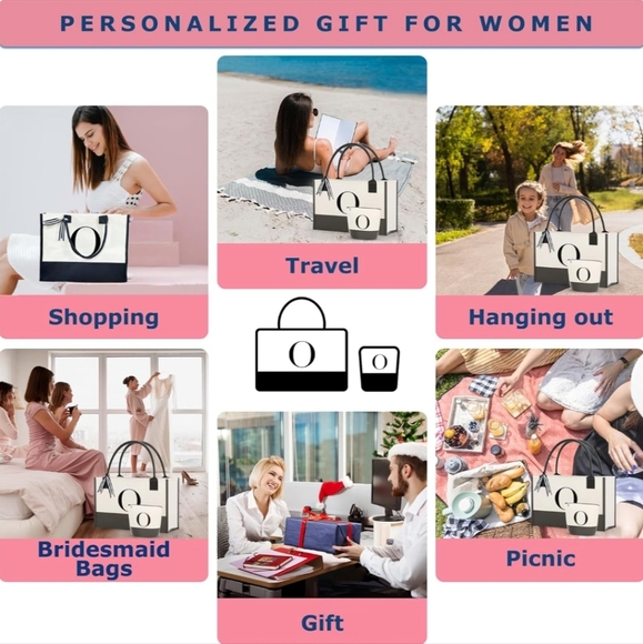 2-Piece Embroidered Canvas Tote Bag with Zipper Pockets - 6.3" D, 13" H, 17" L - Picture 5 of 6